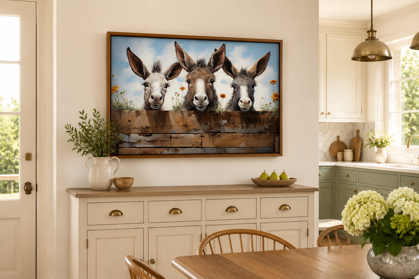 Three Funny Donkeys Looking Through Wooden Fence Farmhouse Wall Art
