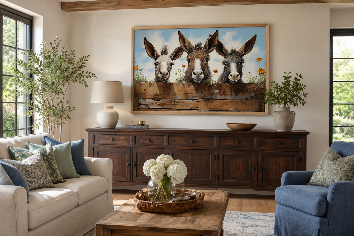 Three Funny Donkeys Looking Through Wooden Fence Farmhouse Wall Art