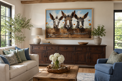 Three Funny Donkeys Looking Through Wooden Fence Farmhouse Wall Art