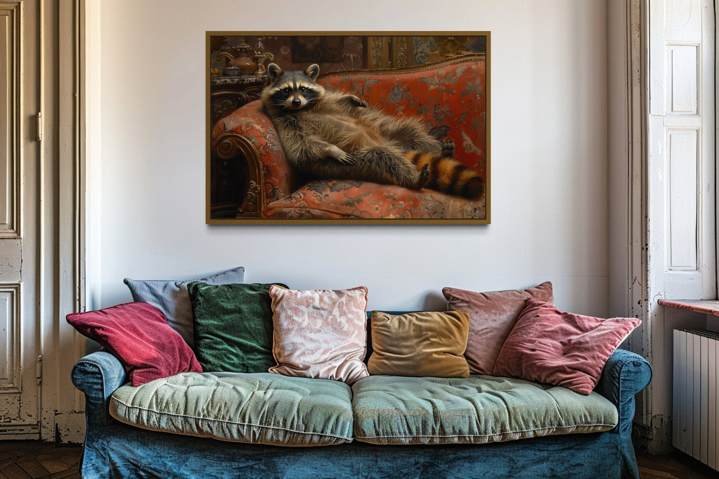 Fat Raccoon Victorian Portrait Framed Canvas Wall Art