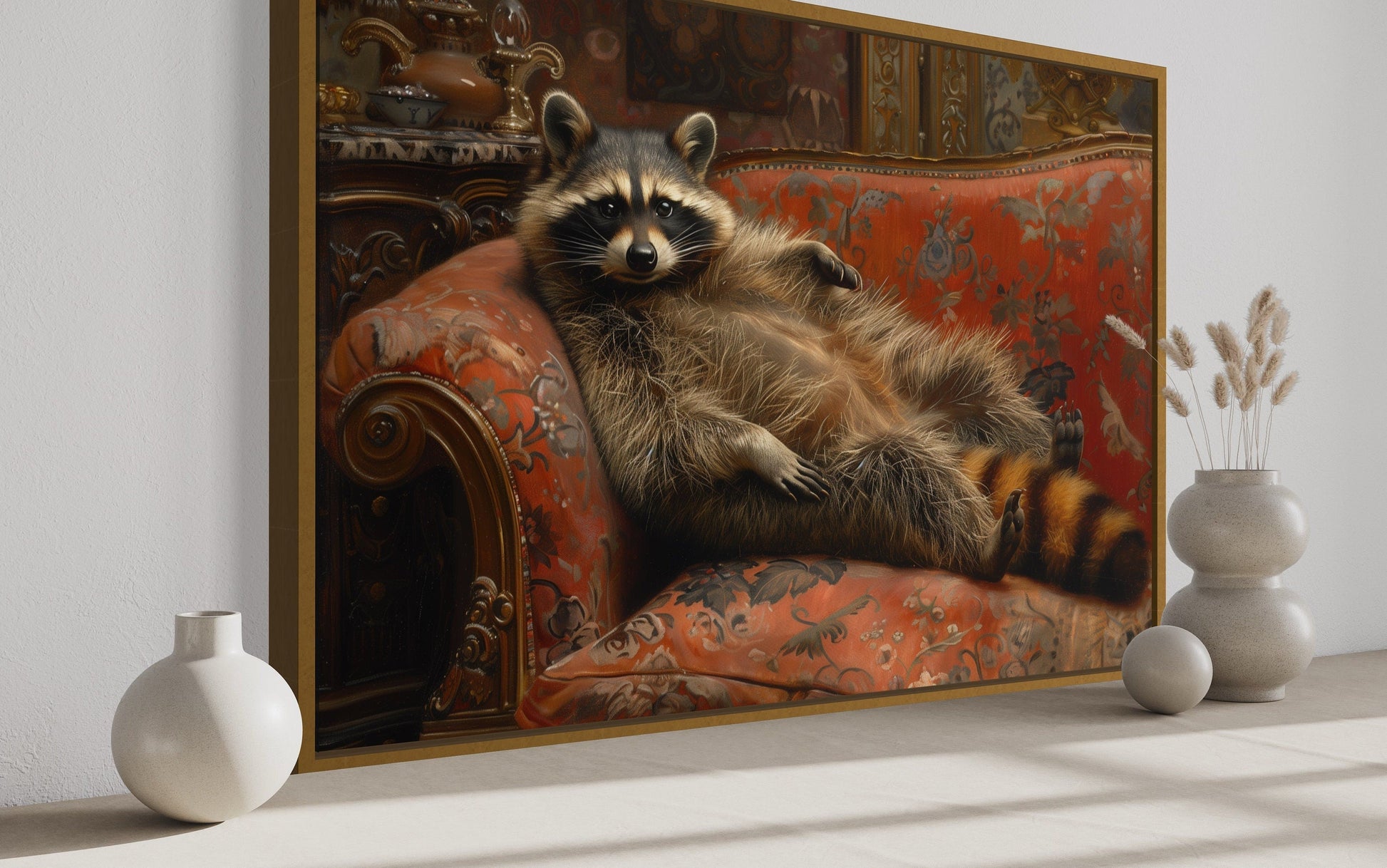 Fat Raccoon Victorian Portrait Framed Canvas Wall Art