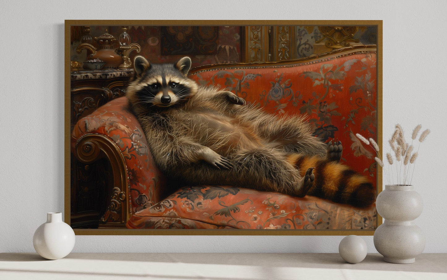Fat Raccoon Victorian Portrait Framed Canvas Wall Art