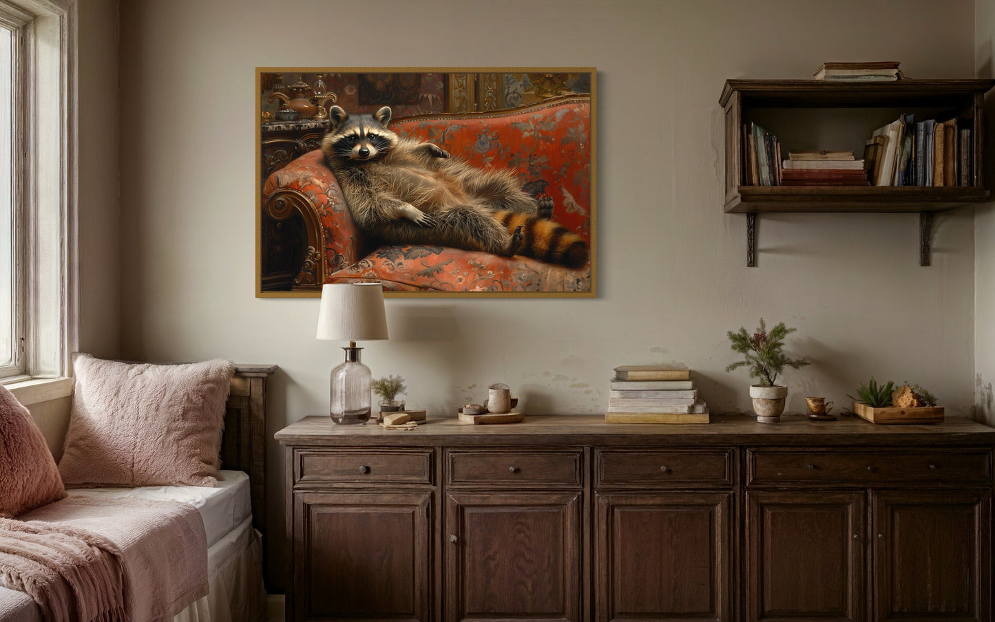 Fat Raccoon Victorian Portrait Framed Canvas Wall Art