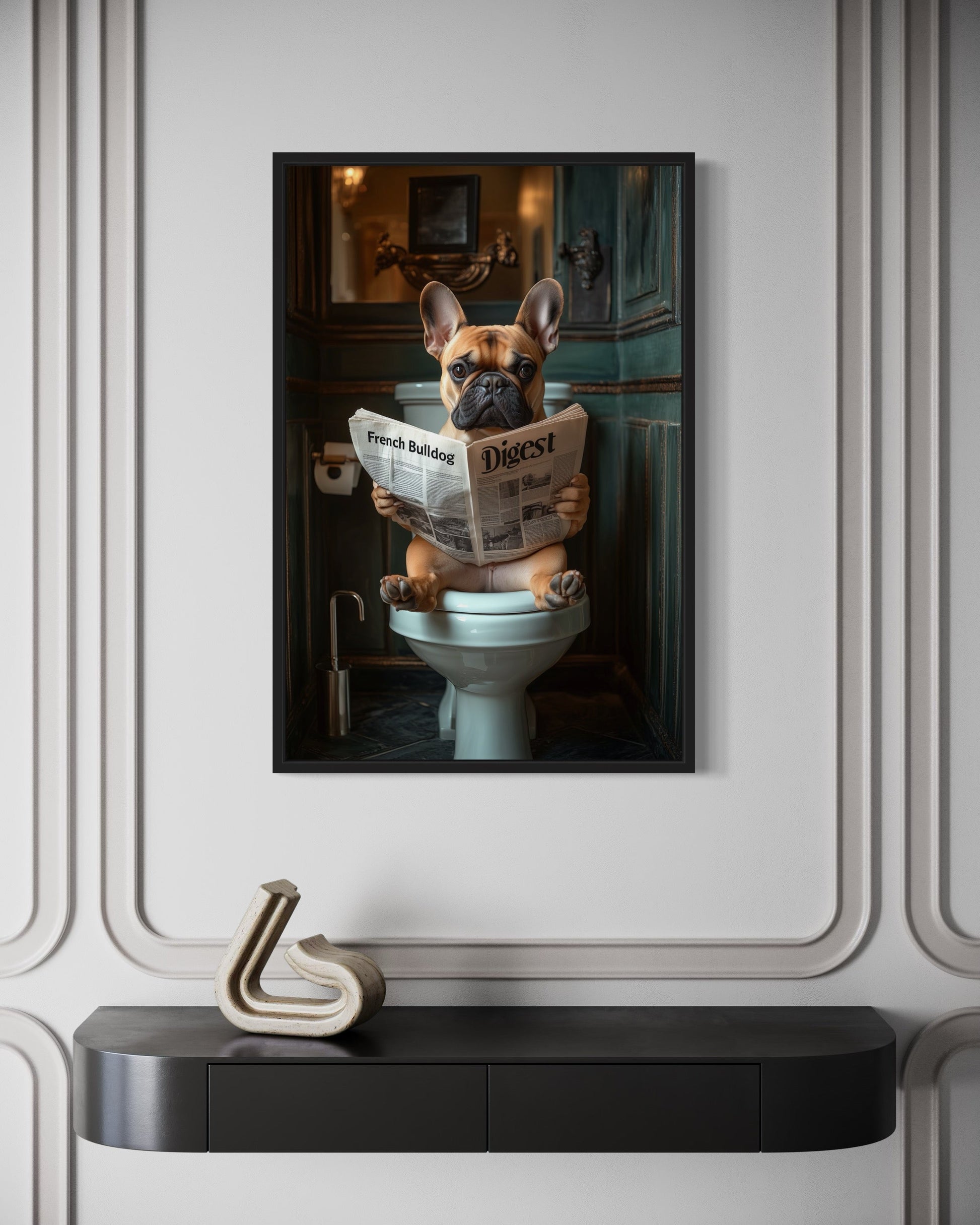Fawn French Bulldog On The Toilet Reading Newspaper Picture Canvas Wall Art