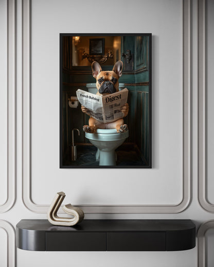Fawn French Bulldog On The Toilet Reading Newspaper Picture Canvas Wall Art