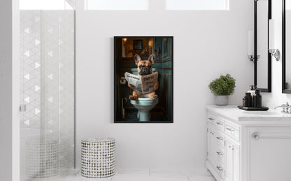 Fawn French Bulldog On The Toilet Reading Newspaper Picture Canvas Wall Art