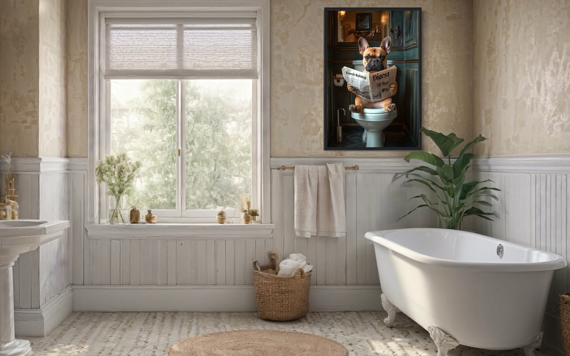 Fawn French Bulldog On The Toilet Reading Newspaper Picture Canvas Wall Art