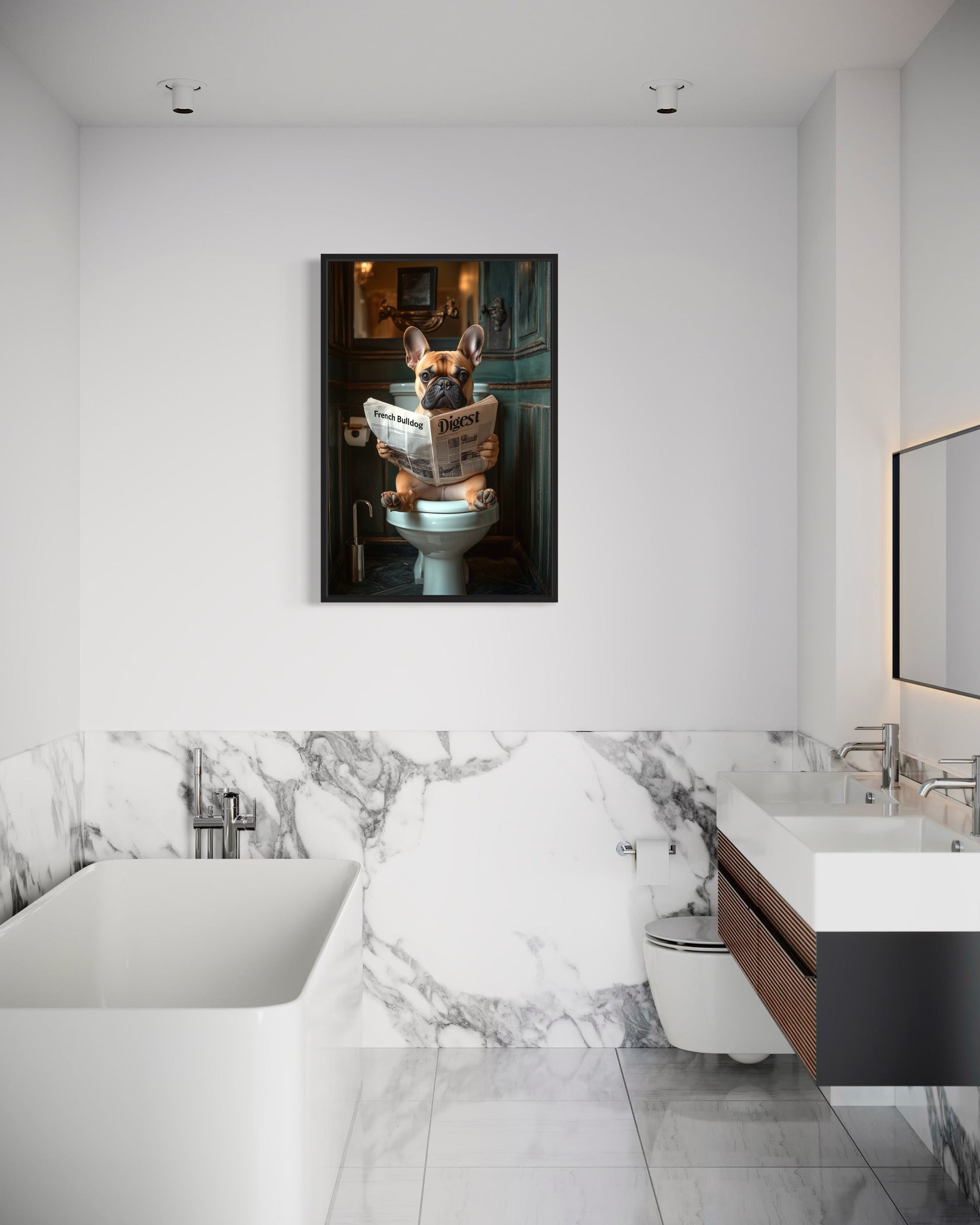 Fawn French Bulldog On The Toilet Reading Newspaper Picture Canvas Wall Art