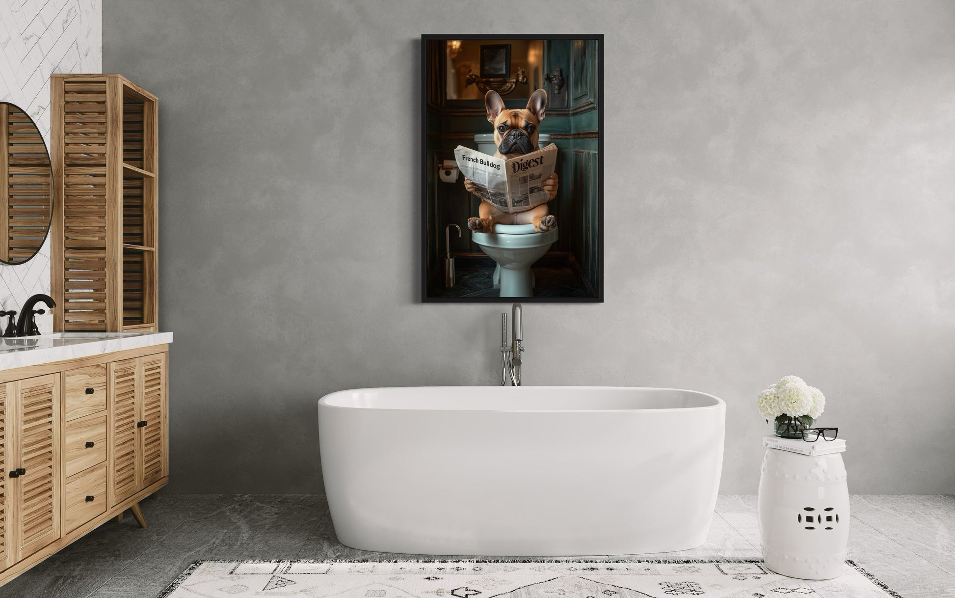 Fawn French Bulldog On The Toilet Reading Newspaper Picture Canvas Wall Art