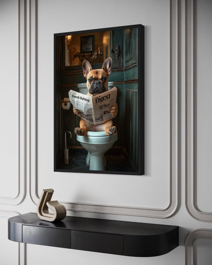Fawn French Bulldog On The Toilet Reading Newspaper Picture Canvas Wall Art