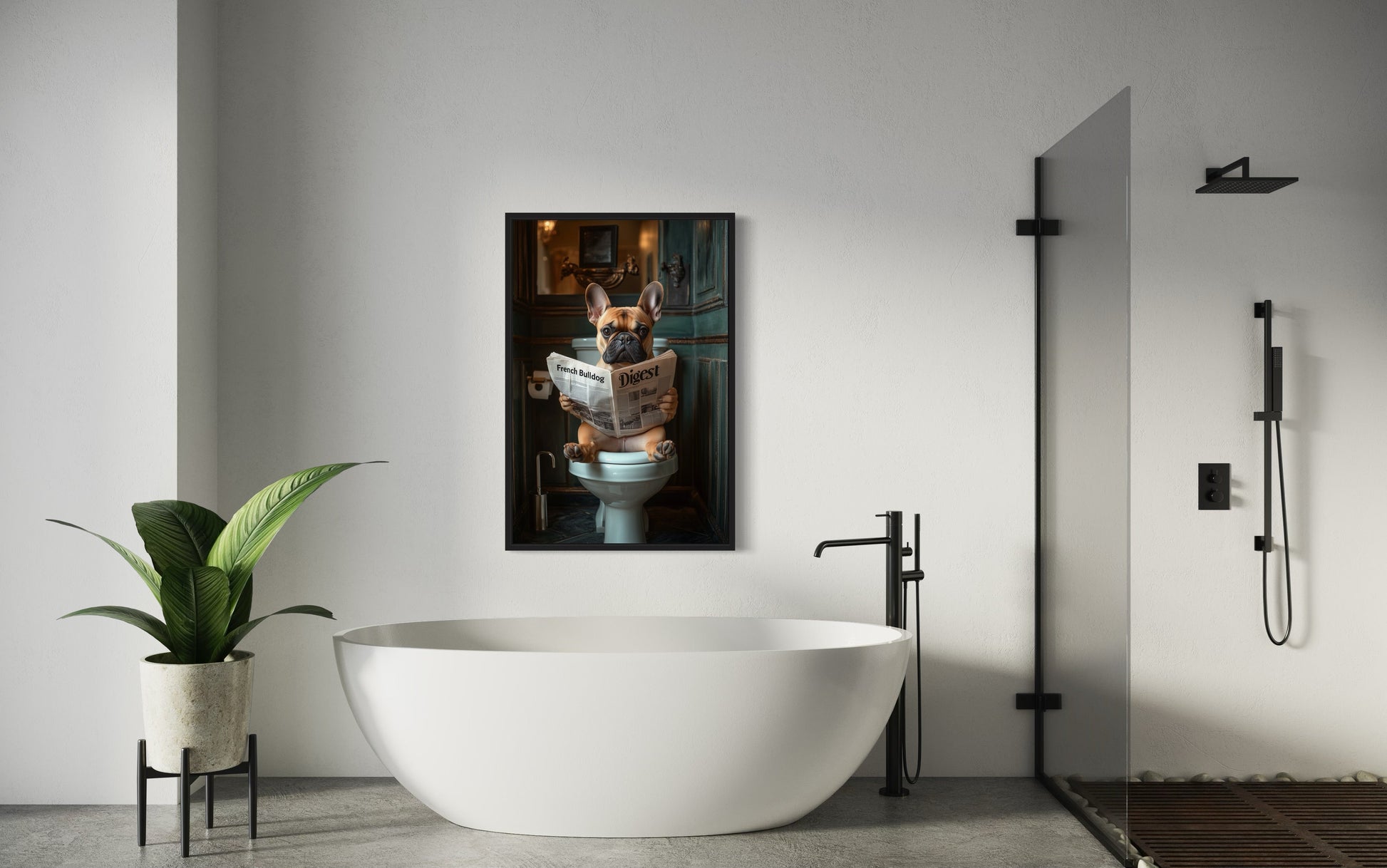 Fawn French Bulldog On The Toilet Reading Newspaper Picture Canvas Wall Art
