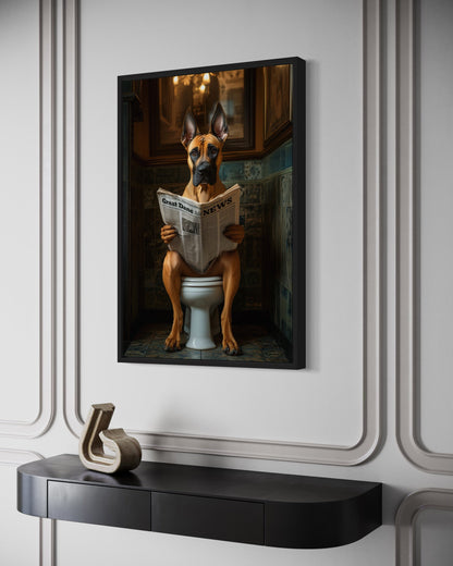 Fawn Great Dane On The Toilet Reading Newspaper Picture Canvas Wall Art