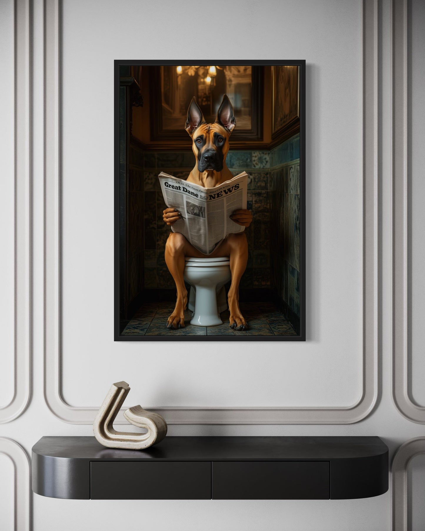 Fawn Great Dane On The Toilet Reading Newspaper Picture Canvas Wall Art