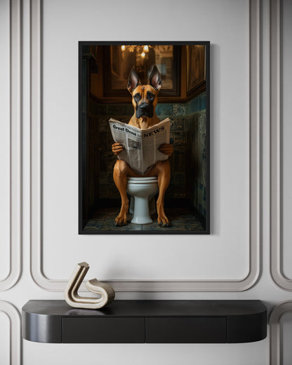Fawn Great Dane On The Toilet Reading Newspaper Picture Canvas Wall Art