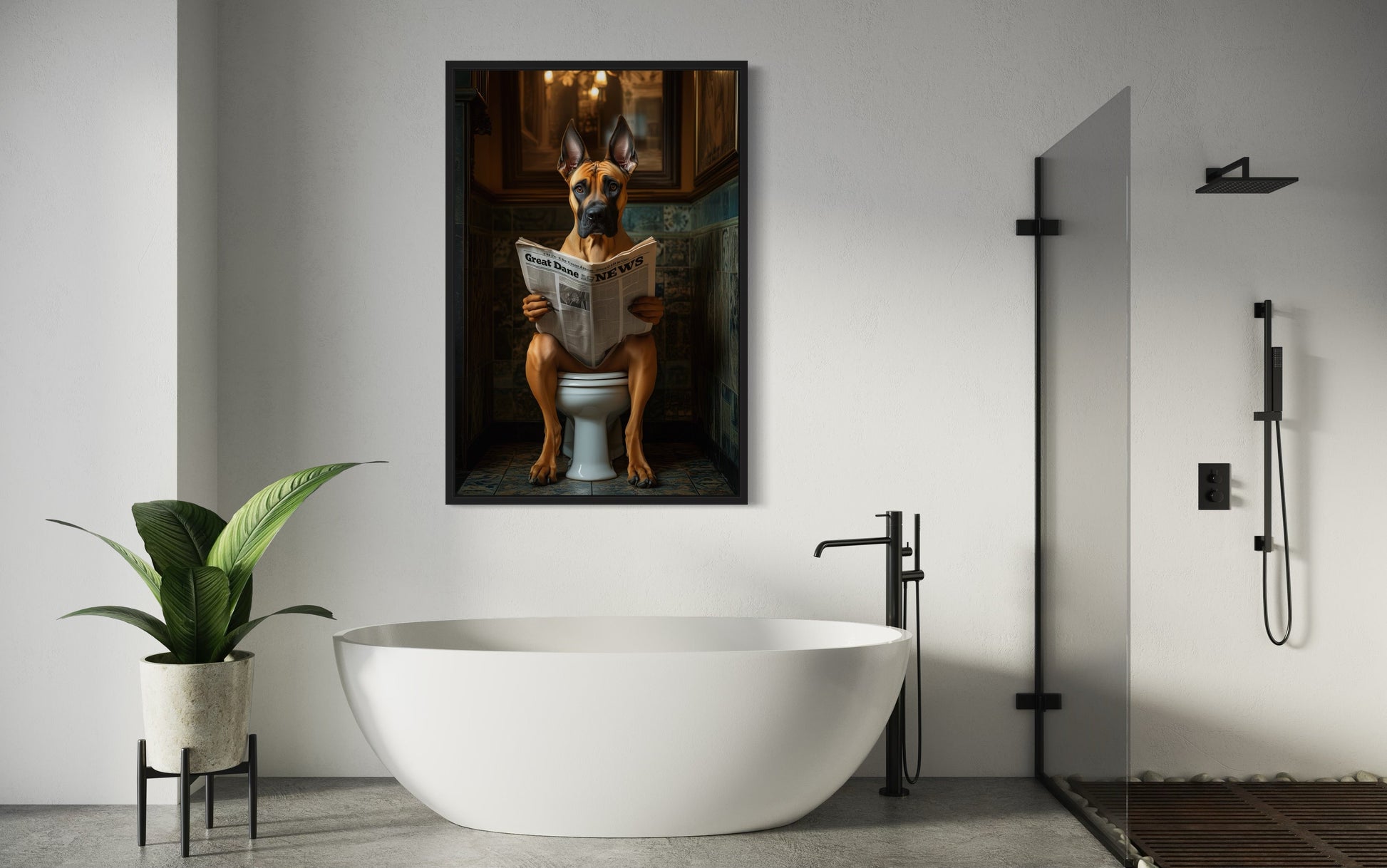 Fawn Great Dane On The Toilet Reading Newspaper Picture Canvas Wall Art
