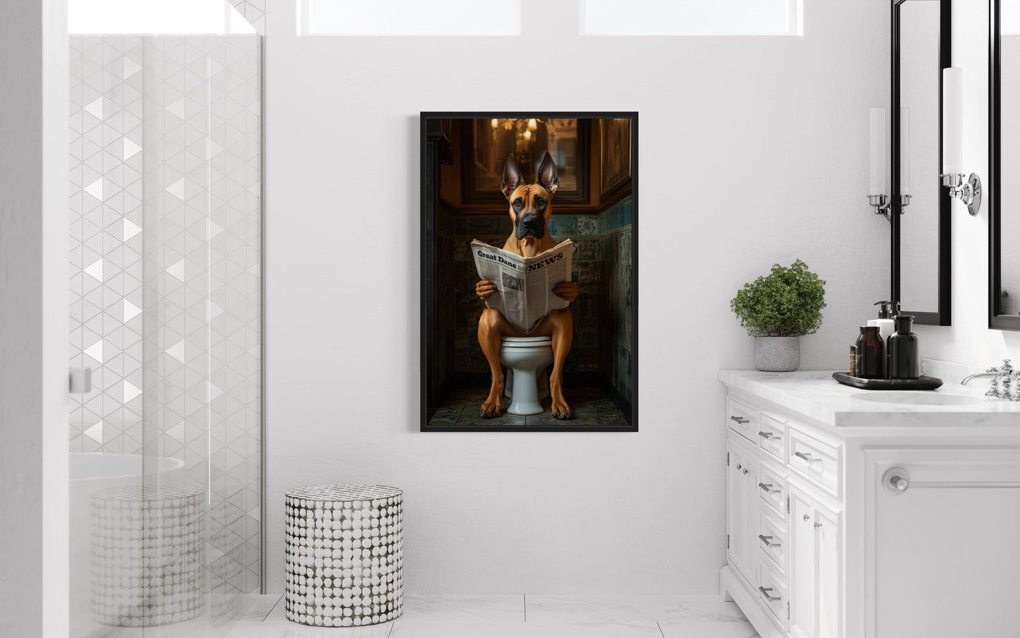 Fawn Great Dane On The Toilet Reading Newspaper Picture Canvas Wall Art
