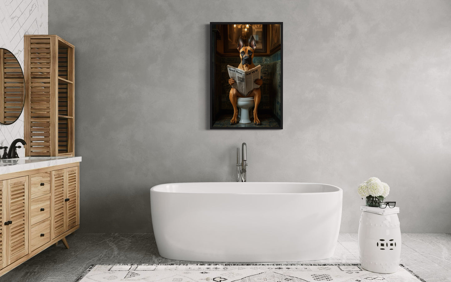 Fawn Great Dane On The Toilet Reading Newspaper Picture Canvas Wall Art