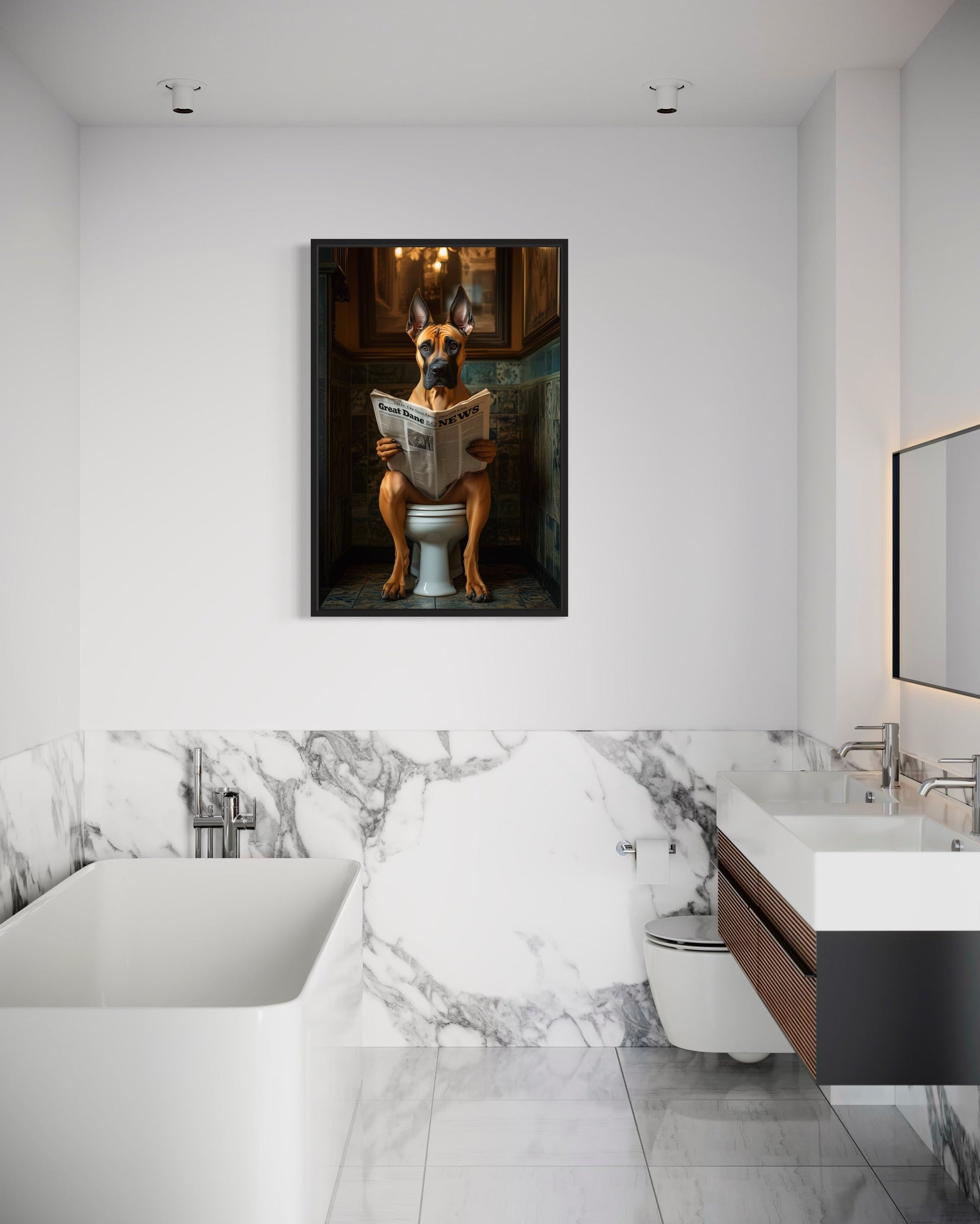 Fawn Great Dane On The Toilet Reading Newspaper Picture Canvas Wall Art