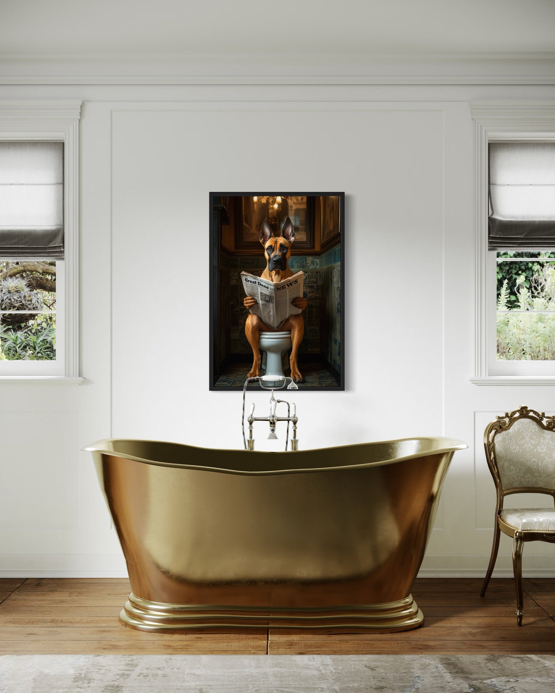 Fawn Great Dane On The Toilet Reading Newspaper Picture Canvas Wall Art