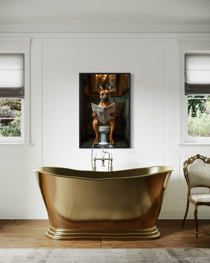 Fawn Great Dane On The Toilet Reading Newspaper Picture Canvas Wall Art