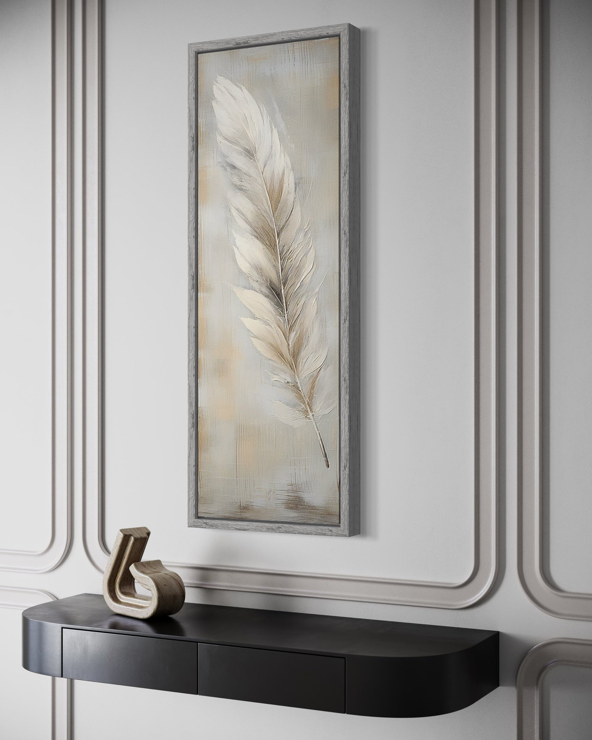 Feather Stained on Rustic Wood Farmhouse Tall Vertical Framed Canvas Wall Art