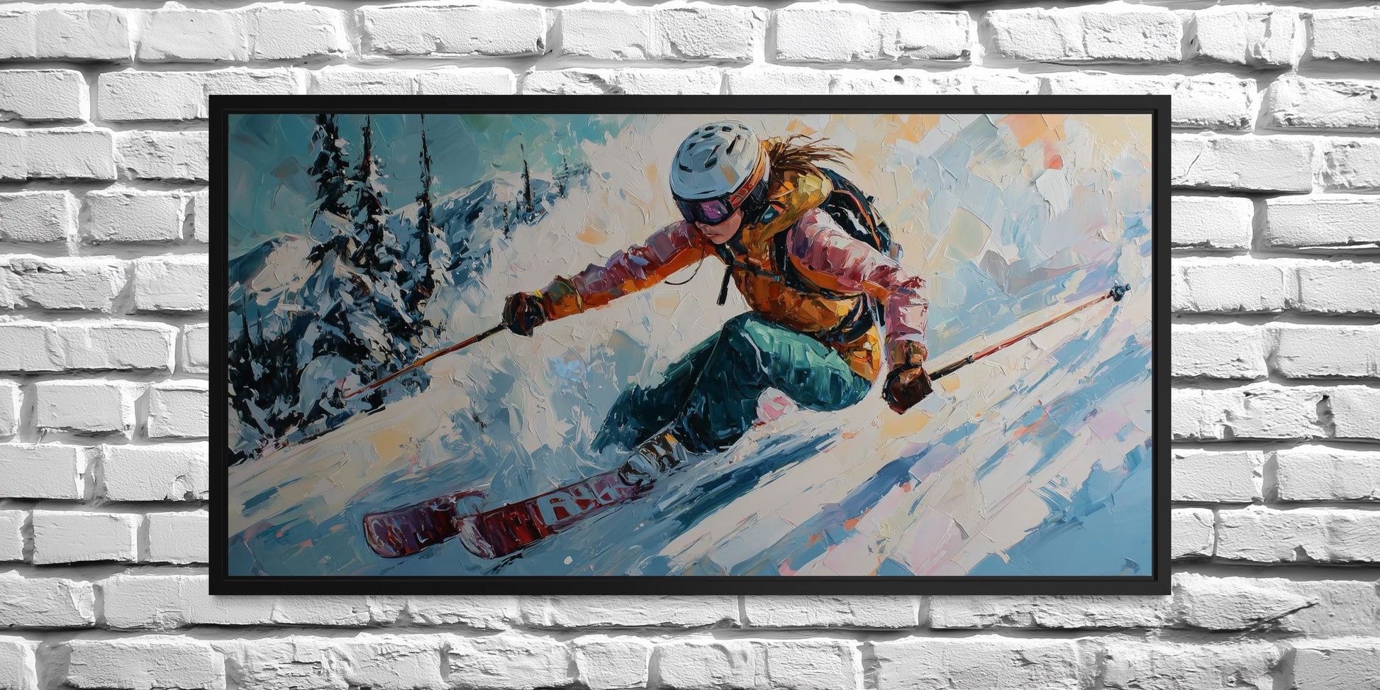 Female Skier Wall Art – Empowering Ski Art | Winter Sports Painting on Floating Frame Canvas