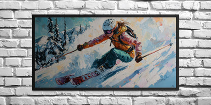 Female Skier Wall Art – Empowering Ski Art | Winter Sports Painting on Floating Frame Canvas