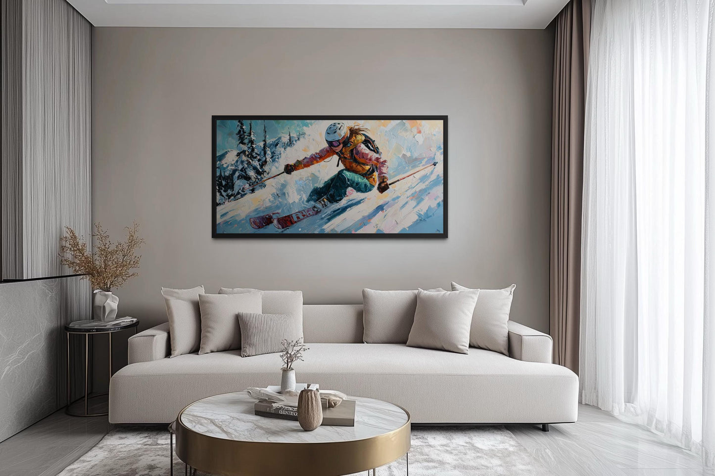 Female Skier Wall Art – Empowering Ski Art | Winter Sports Painting on Floating Frame Canvas