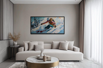 Female Skier Wall Art – Empowering Ski Art | Winter Sports Painting on Floating Frame Canvas