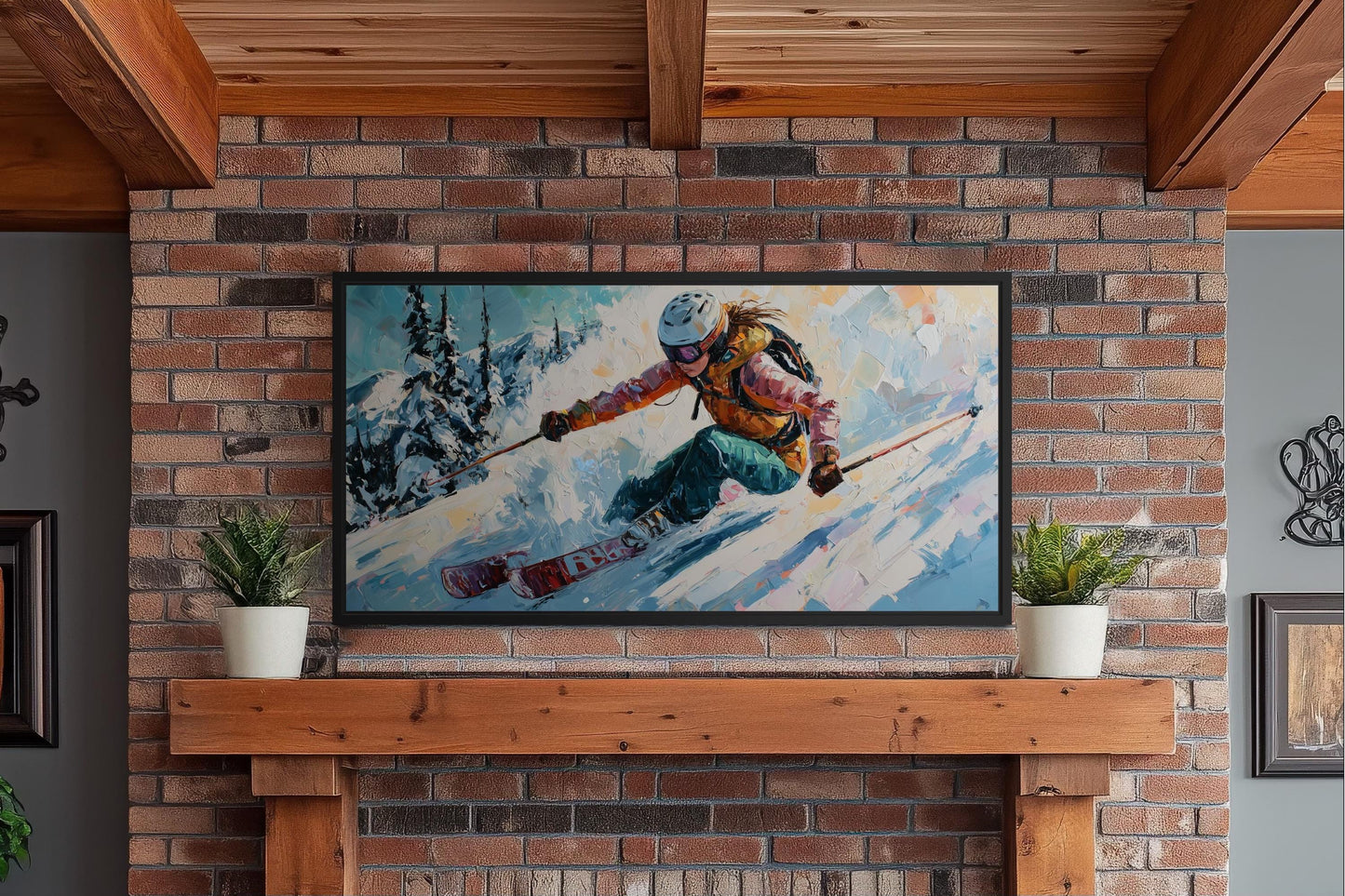 Female Skier Wall Art – Empowering Ski Art | Winter Sports Painting on Floating Frame Canvas