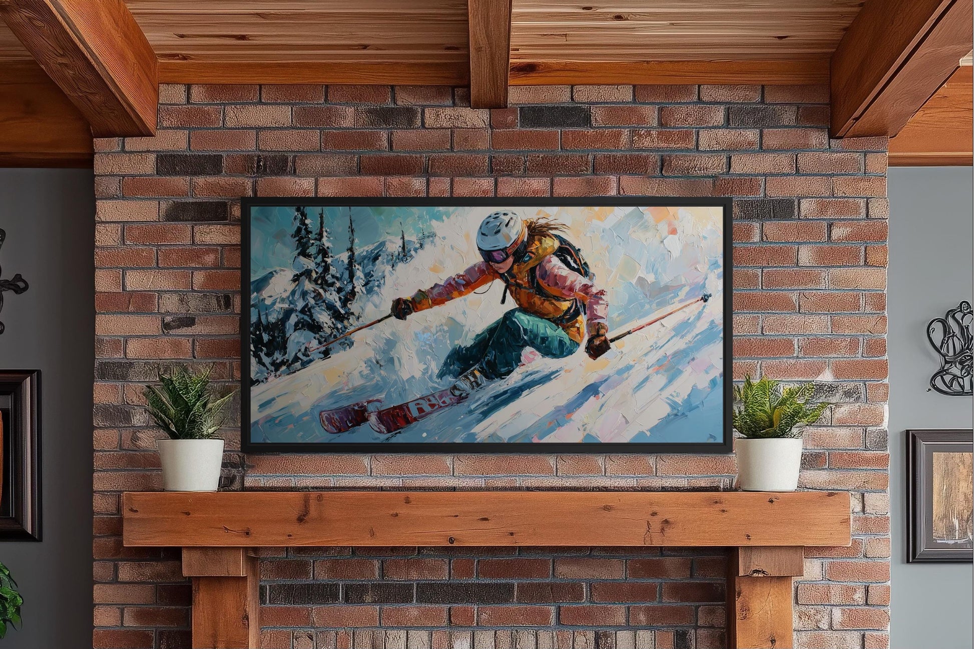 Female Skier Wall Art – Empowering Ski Art | Winter Sports Painting on Floating Frame Canvas