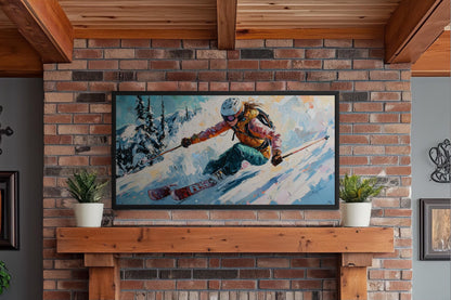 Female Skier Wall Art – Empowering Ski Art | Winter Sports Painting on Floating Frame Canvas