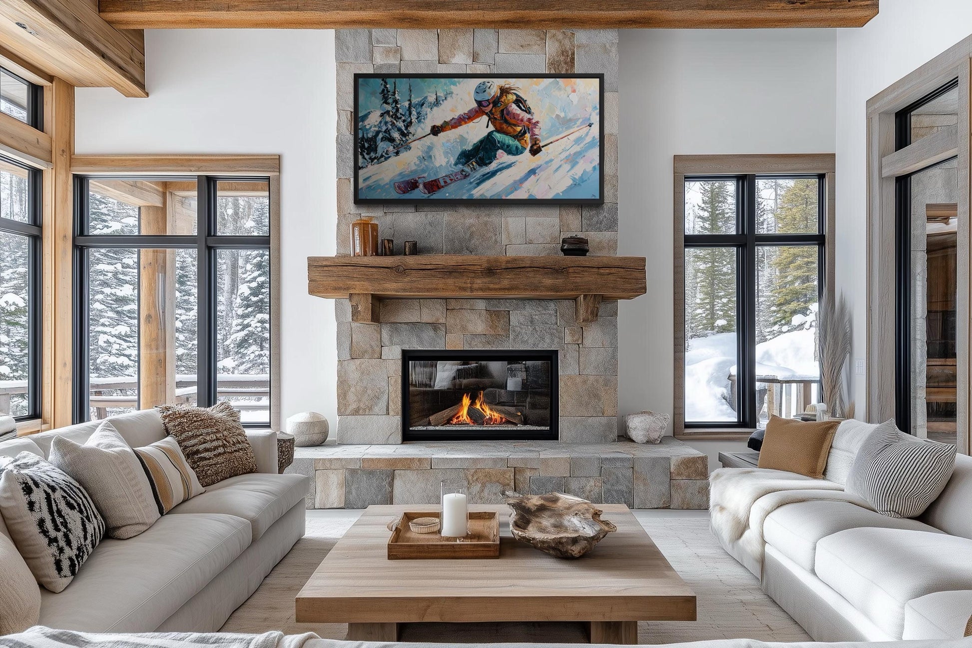 Female Skier Wall Art – Empowering Ski Art | Winter Sports Painting on Floating Frame Canvas