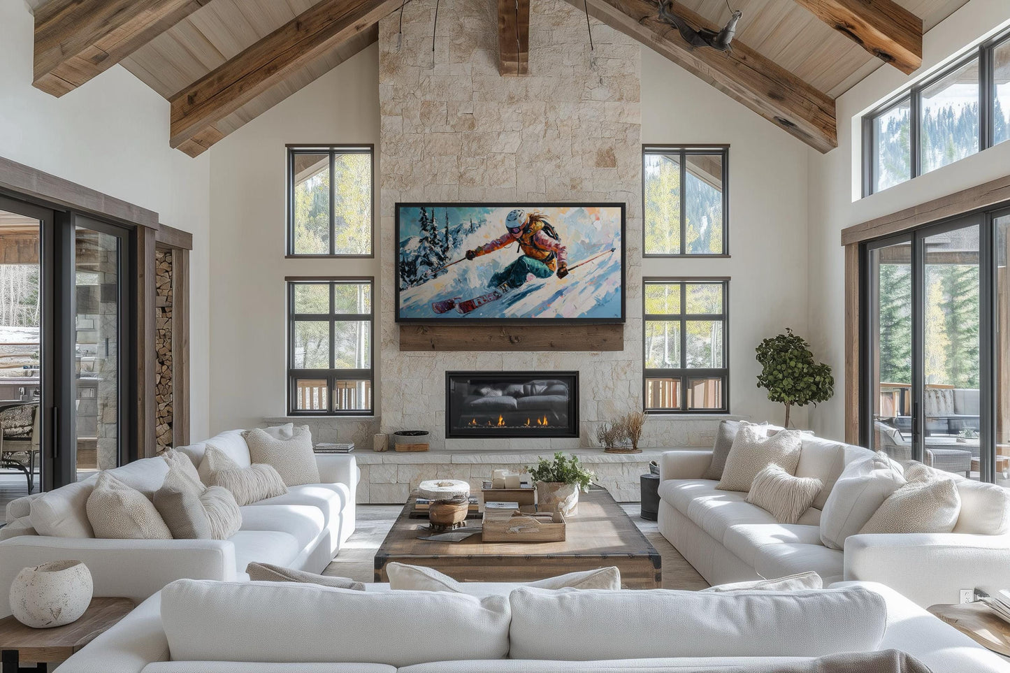 Female Skier Wall Art – Empowering Ski Art | Winter Sports Painting on Floating Frame Canvas