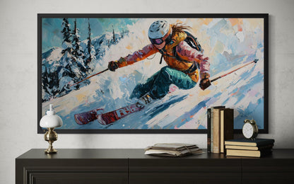 Female Skier Wall Art – Empowering Ski Art | Winter Sports Painting on Floating Frame Canvas