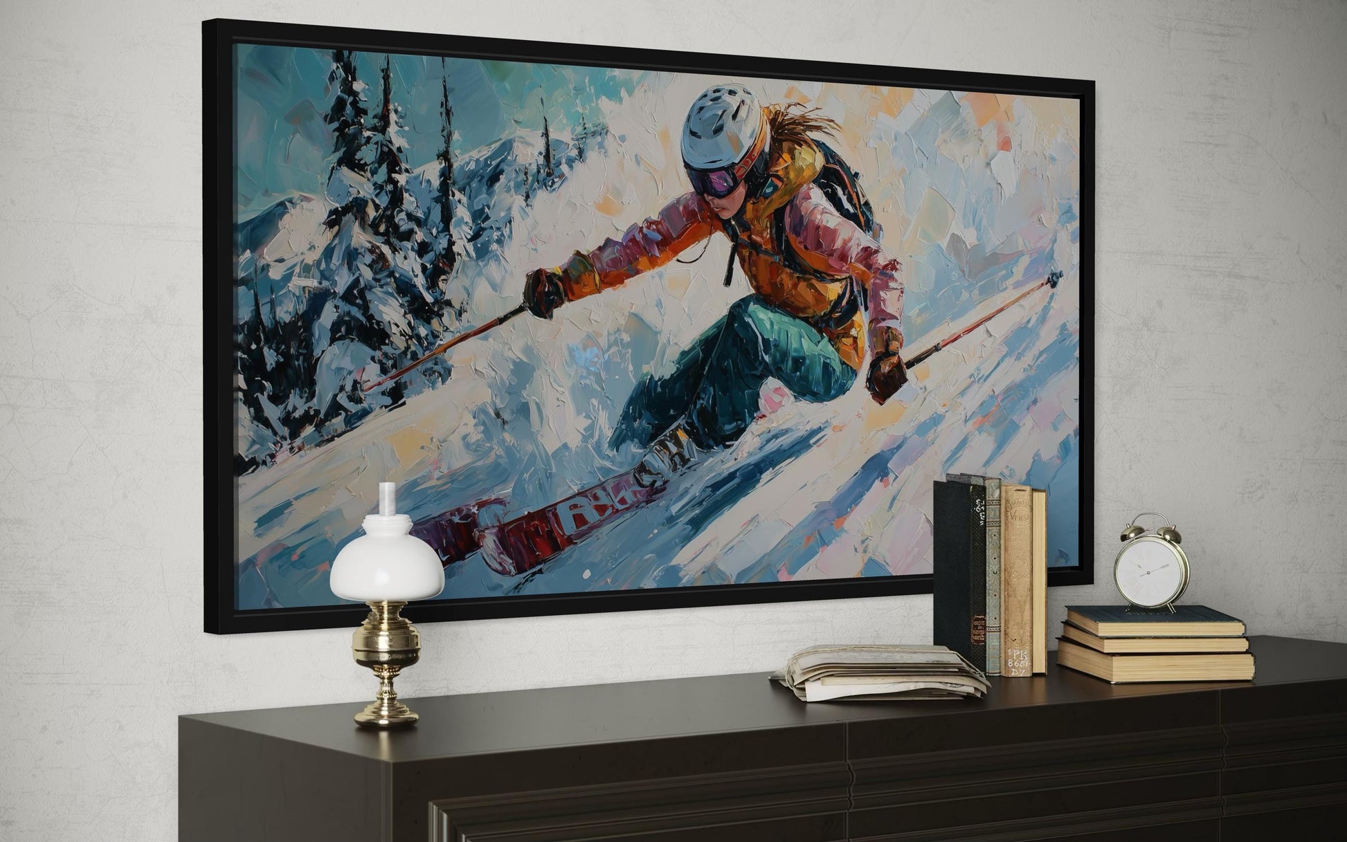 Female Skier Wall Art – Empowering Ski Art | Winter Sports Painting on Floating Frame Canvas