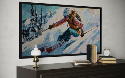 Female Skier Wall Art – Empowering Ski Art | Winter Sports Painting on Floating Frame Canvas