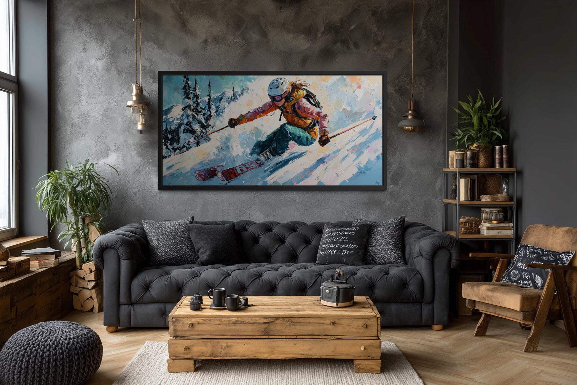 Female Skier Wall Art – Empowering Ski Art | Winter Sports Painting on Floating Frame Canvas
