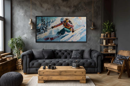 Female Skier Wall Art – Empowering Ski Art | Winter Sports Painting on Floating Frame Canvas