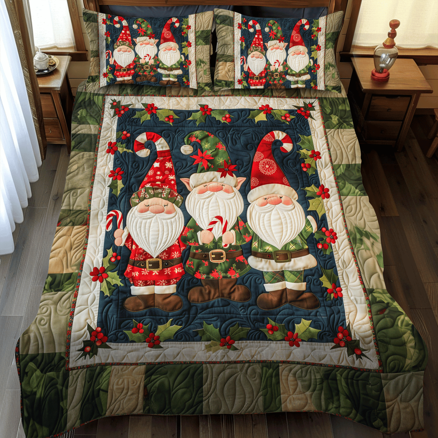 Single (59'' x 70'') /Festive Gnome 3-Piece Quilted Bedding Set