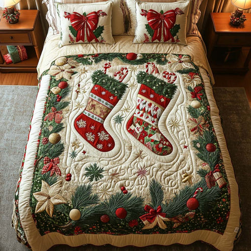 Festive Stockings 3-Piece Quilted Bedding Set - Single (59" x 70")