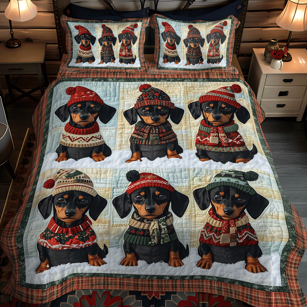 Festive Doxie 3-Piece Quilted Bedding Set - Single (59" x 70")