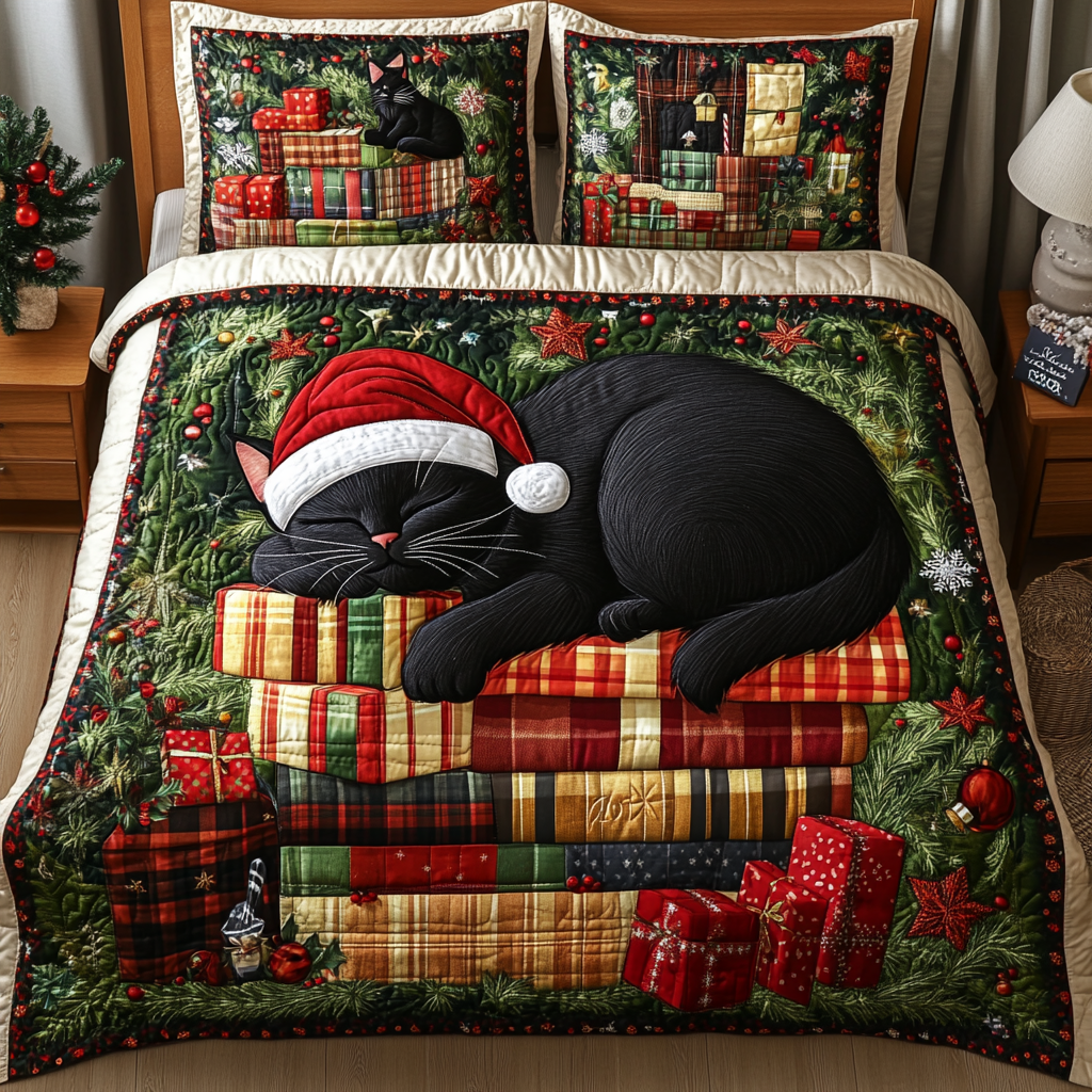 Festive Feline Stories 3-Piece Quilted Bedding Set - Single (59" x 70")