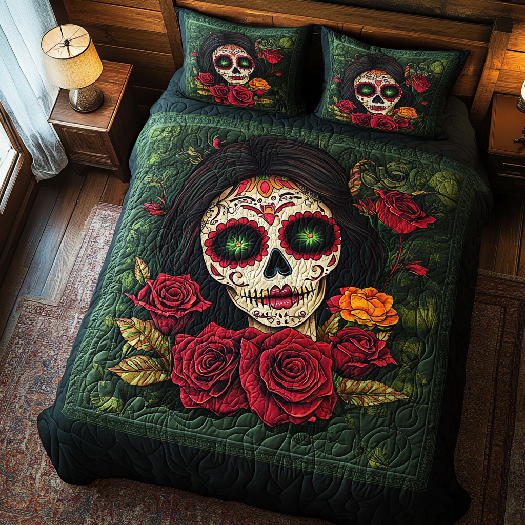 Single (59'' x 70'') /Festive Floral Skull 3-Piece Quilted Bedding Set