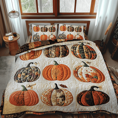 Festive Pumpkin 3-Piece Quilted Bedding Set - Single (59" x 70")