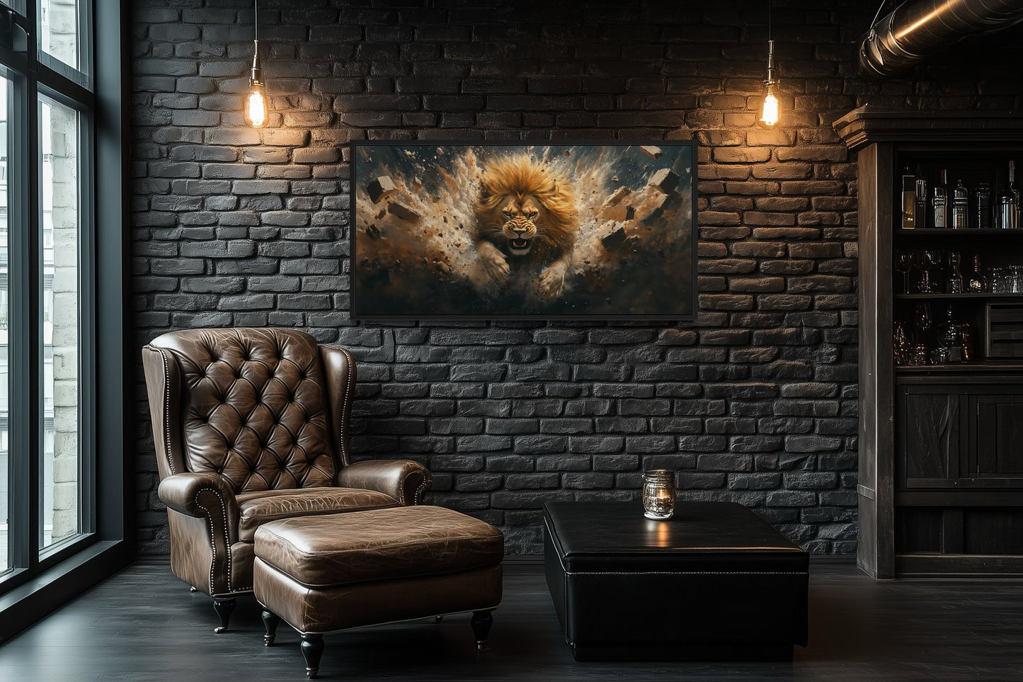 Fierce Lion Breaking Brick Wall Man Cave Or Manly Office Wall Decor Canvas Wall Art