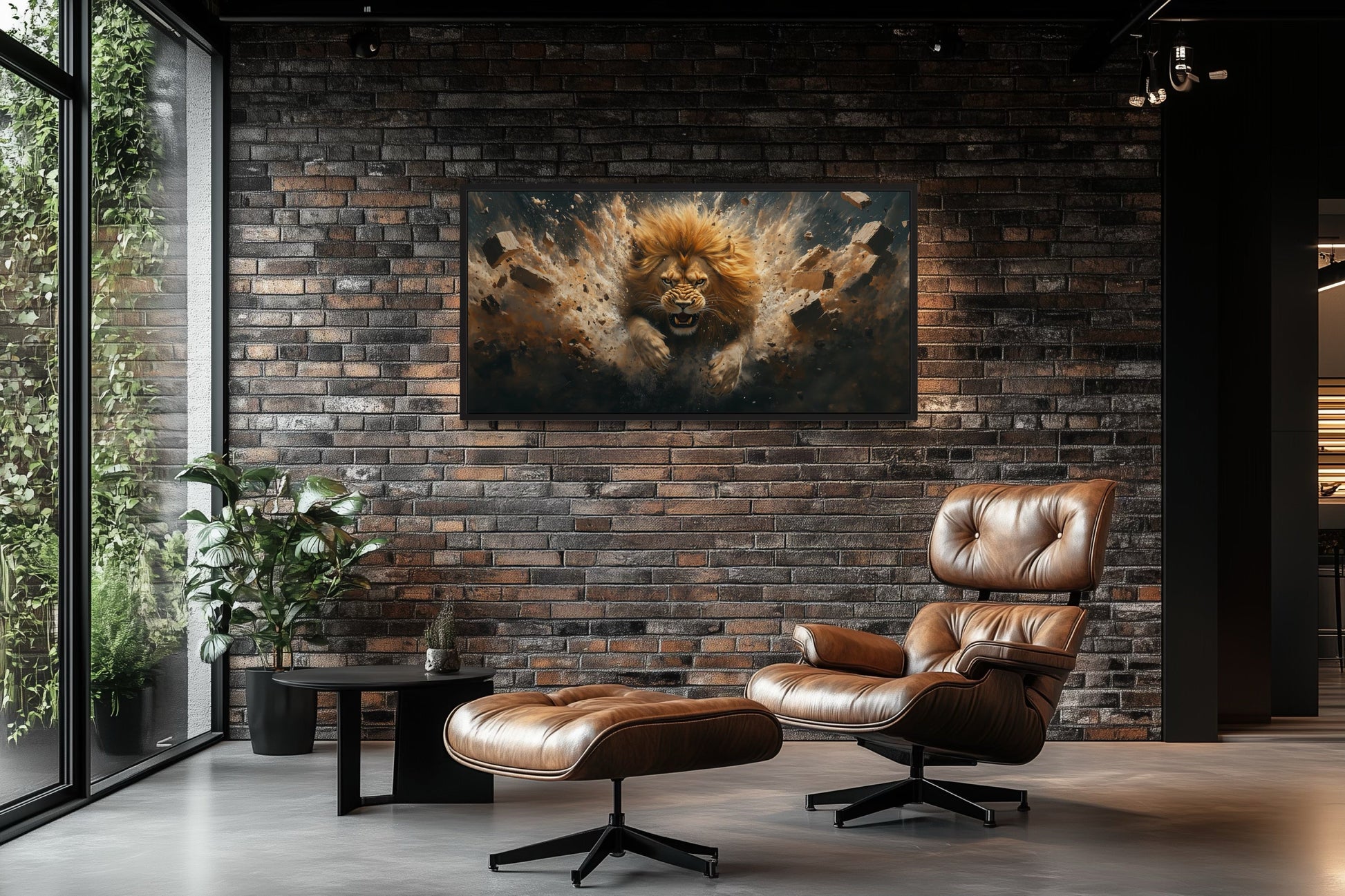 Fierce Lion Breaking Brick Wall Man Cave Or Manly Office Wall Decor Canvas Wall Art