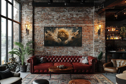 Fierce Lion Breaking Brick Wall Man Cave Or Manly Office Wall Decor Canvas Wall Art