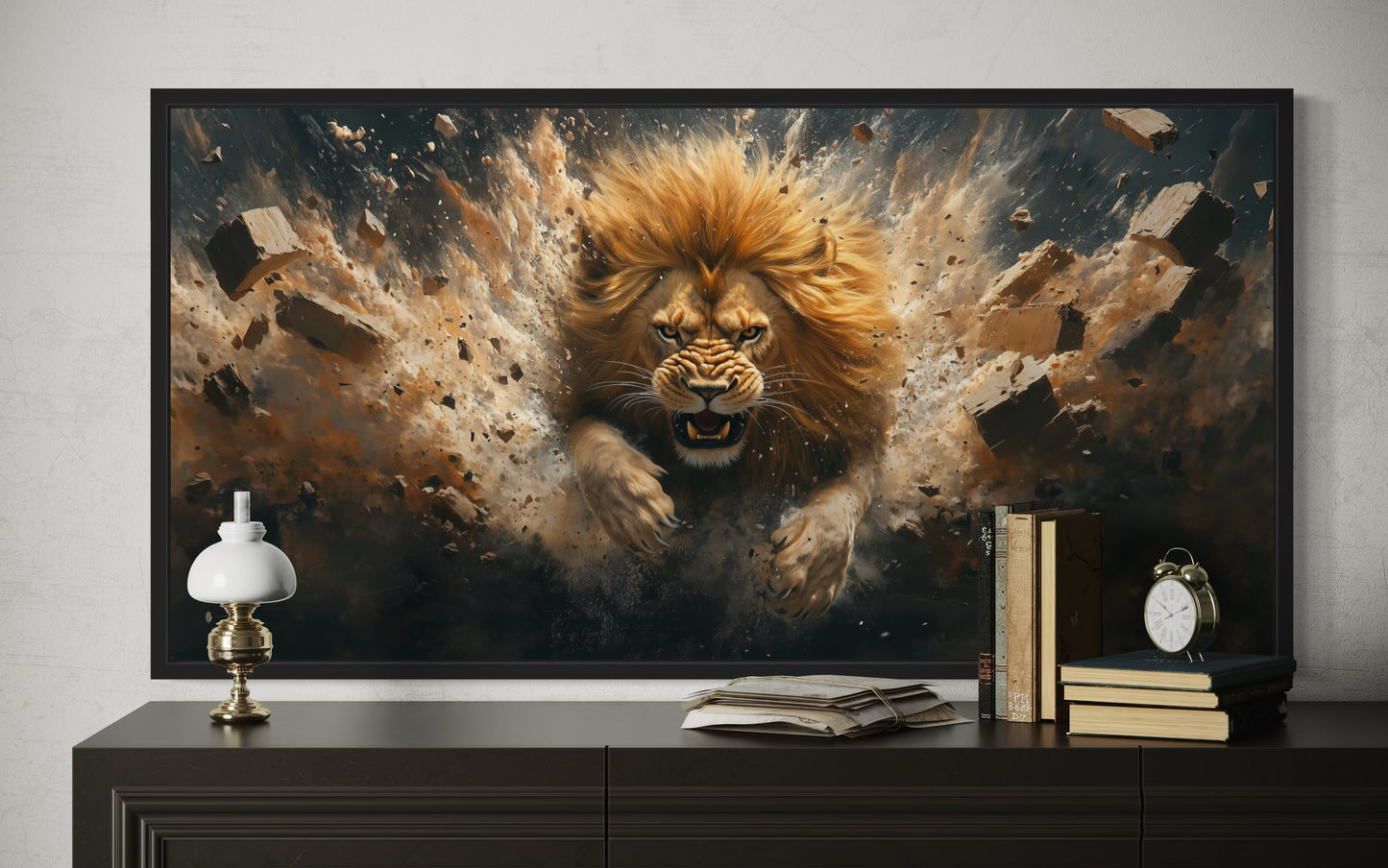Fierce Lion Breaking Brick Wall Man Cave Or Manly Office Wall Decor Canvas Wall Art
