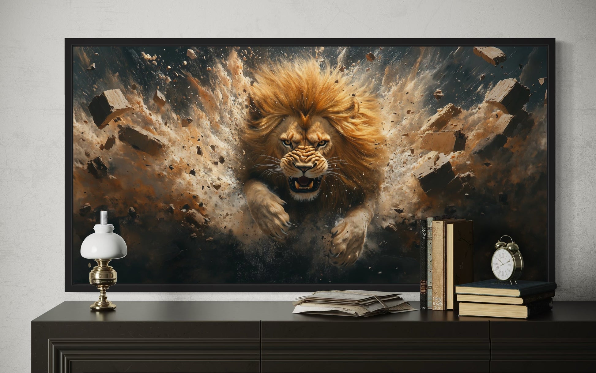 Fierce Lion Breaking Brick Wall Man Cave Or Manly Office Wall Decor Canvas Wall Art